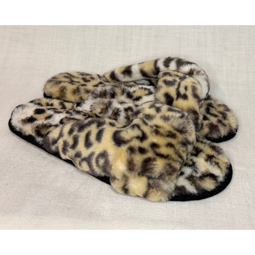 LOFT Womens Leopard Print Faux Fur Criss Cross Slide Slippers L 9-10 Tan Black